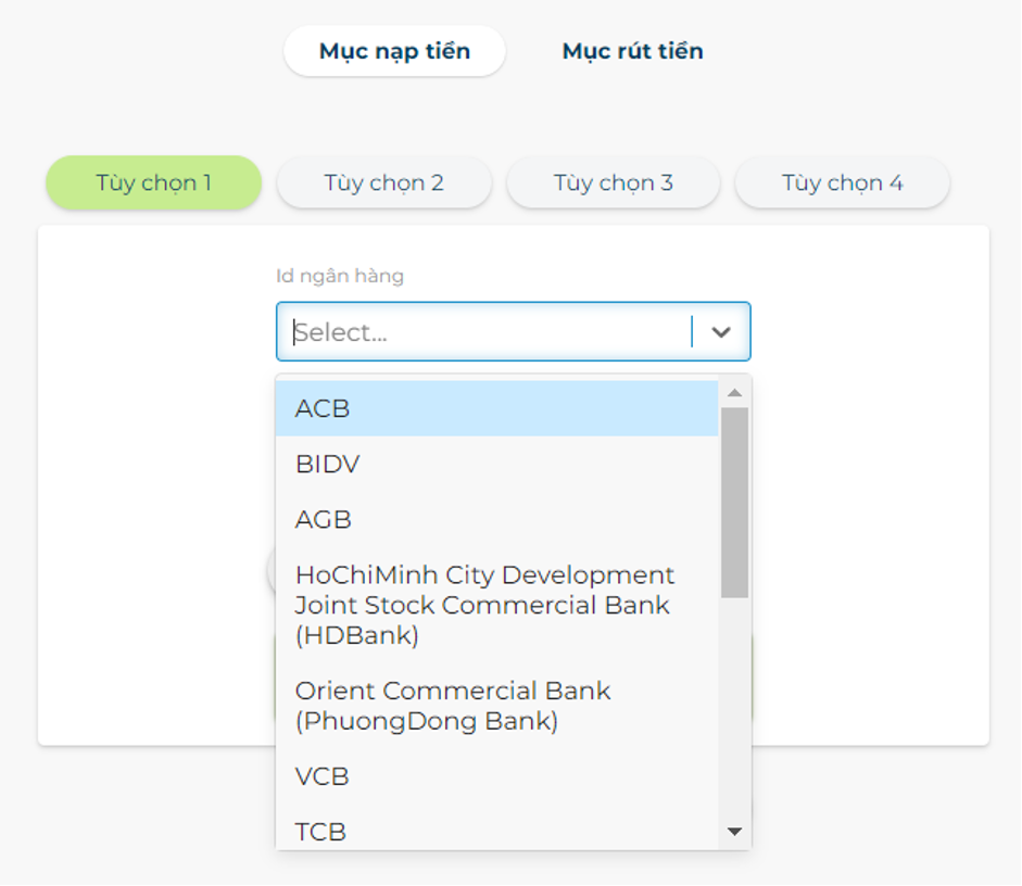 Hãy bấm chọn Online Banking và chọn ngân hàng bạn đang có để tiến hành nạp tiền. Một số lựa chọn về ngân hàng bao gồm: ACB, BIDV, VCB, Sacombank, VIB,...