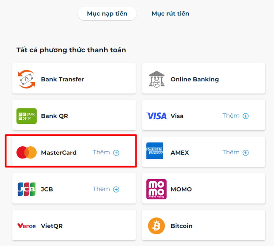 Cách thực hiện nạp tiền bằng thẻ Mastercard