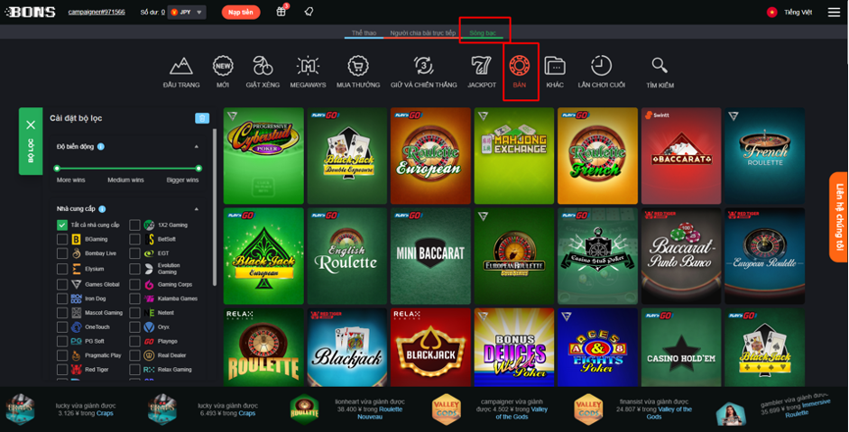 Giao diện trò chơi trên bàn tại Bons Casino