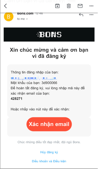 kiểm tra email của bạn để xác nhận đăng ký tại sòng bạc bons